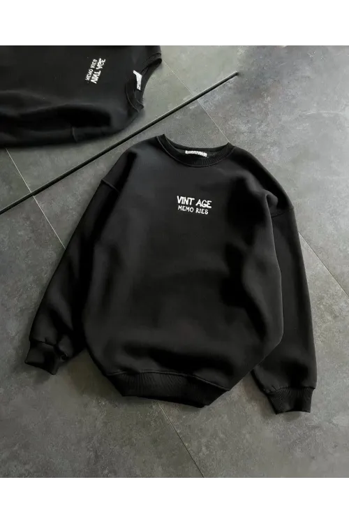 Kadın Bisiklet Yaka 3 İplik pamuklu Baskılı Oversize SweatShirt - Siyah