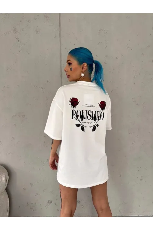 Kadın Bisiklet Yaka Baskılı Kısa kol Oversize T-Shirt - Beyaz