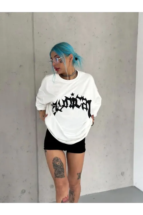 kadın Bisiklet Yaka Baskılı Oversize  Kısa kol T-Shirt - Beyaz