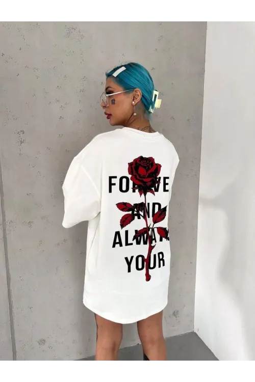 kadın Bisiklet Yaka Baskılı Oversize Kısa kol  T-Shirt - Beyaz