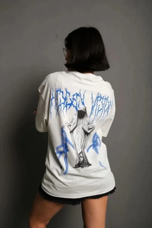 kadın Bisiklet Yaka Baskılı Oversize Kısa kol  T-Shirt - Beyaz