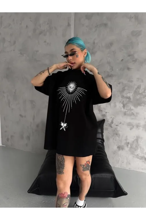 kadın Bisiklet Yaka Baskılı Oversize  Kısa kol T-Shirt - Siyah