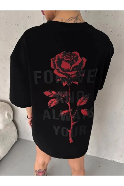 kadın Bisiklet Yaka Baskılı Oversize  Kısa kol T-Shirt - Siyah