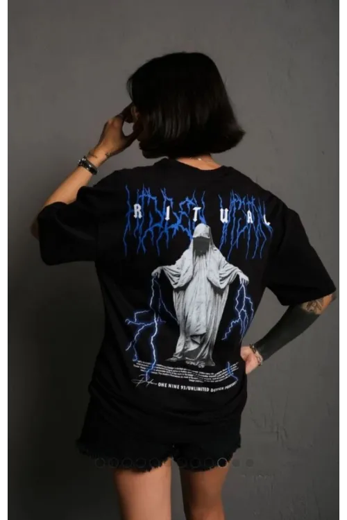 kadın Bisiklet Yaka Baskılı Oversize  Kısa kol T-Shirt - Siyah
