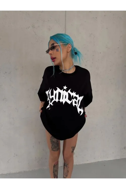 kadın Bisiklet Yaka Baskılı Oversize Kısa kol  T-Shirt - Siyah