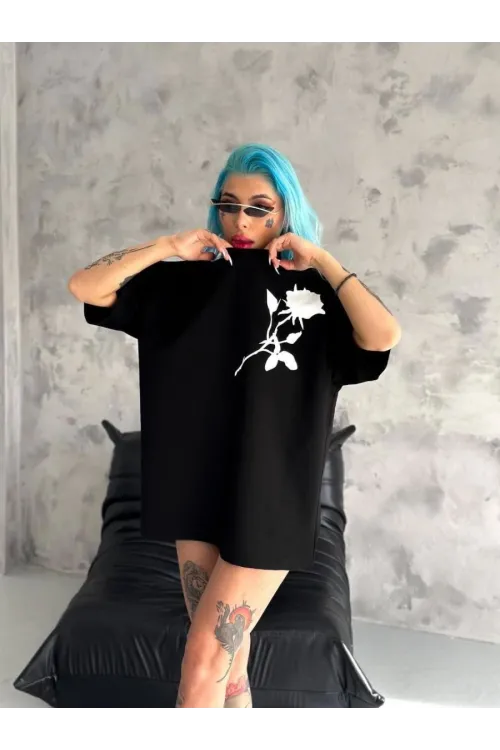 kadın Bisiklet Yaka Baskılı Oversize  Kısa kol T-Shirt - Siyah