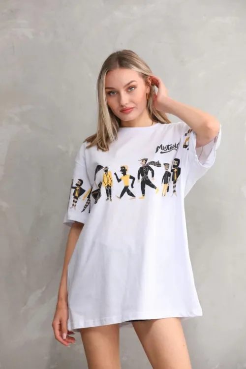 kadın Bisiklet Yaka Baskılı Oversize T-Shirt - Beyaz