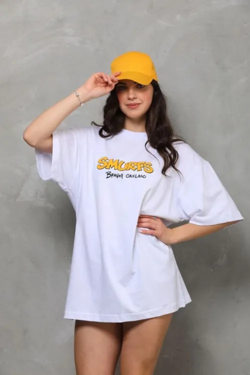 kadın Bisiklet Yaka Baskılı Oversize T-Shirt - Beyaz