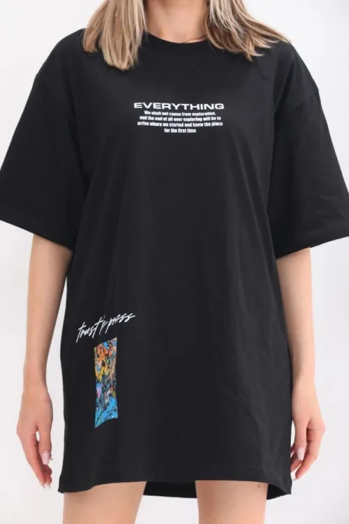 kadın  Bisiklet Yaka Baskılı Oversize T-Shirt - Siyah