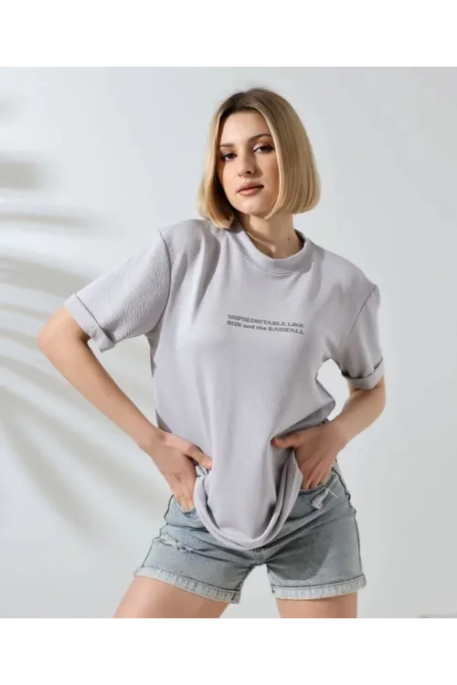 Kadın Bisiklet Yaka Baskılı Slim Fit T-Shirt - Boyalı Gri