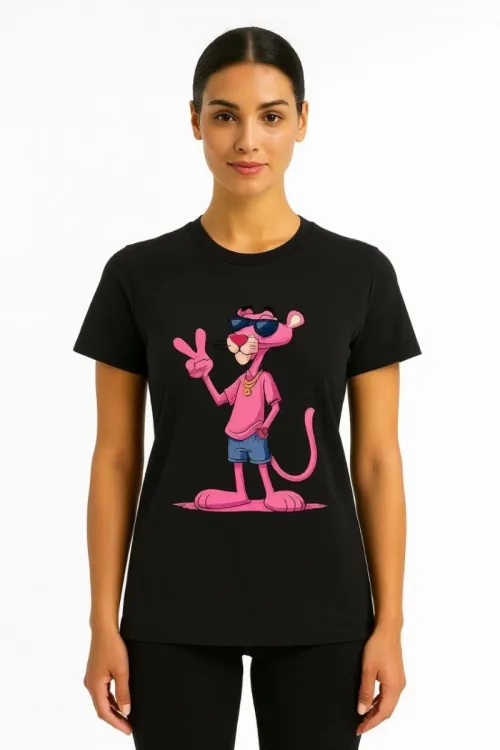 Kadın Bisiklet Yaka Kısa Kollu Baskılı T-shirt - Siyah