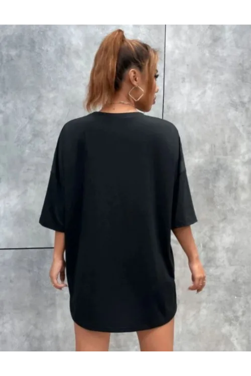 Kadın kelebek Baskılı Oversize kısa kol T-Shirt - Siyah