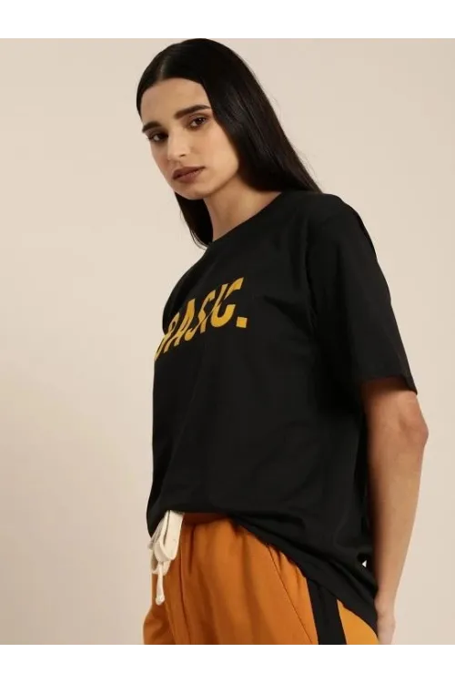 Kadın Kısa Kol Yazlık Tişört Bisiklet Yaka BASIC Baskılı T-Shirt - Siyah