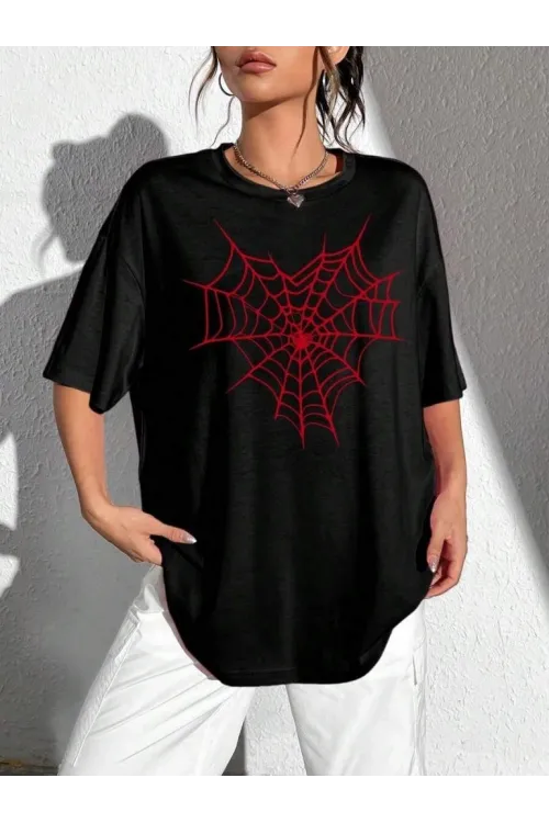 Kadın Örümcek Ağ Baskılı T-Shirt Kısa Kol Bisiklet Yaka Oversize Tişört - Siyah