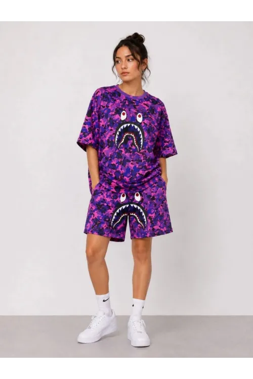 Kadın Oversize Kalıp Pubg Bape X Shark Nakışlı Cepli Şort Takım - Mor