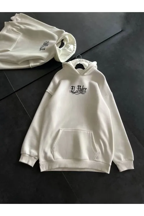 Kadın Oversize Kapüşonlu Cepli Baskılı 3 İplik Pamuklu Hoodie Sweatshirt - Beyaz