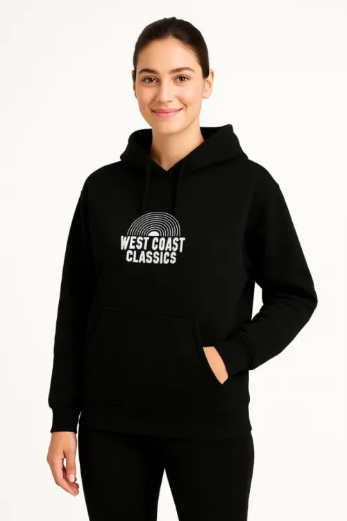 Kadın Oversize Kapüşonlu Cepli Baskılı 3 İplik Pamuklu Hoodie Sweatshirt - Siyah
