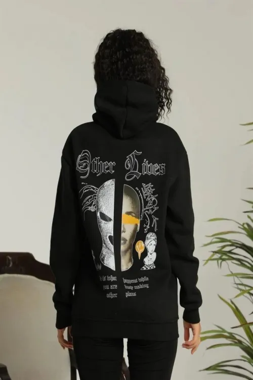 Kadın Oversize Kapüşonlu Cepli Baskılı 3 İplik Pamuklu Hoodie Sweatshirt -  Siyah