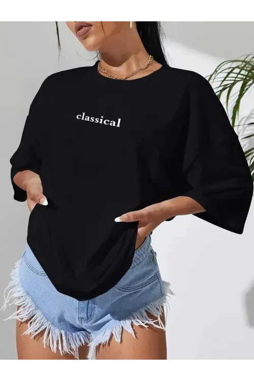 Kadın T-shirt Penye Compack Classical Baskılı Kısa kol Tişört - Siyah