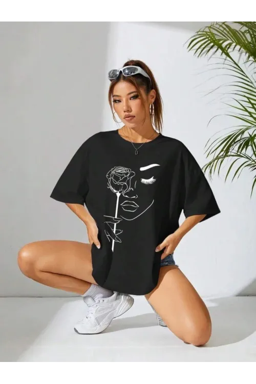 Kadın Tişört Baskılı Kısa kol Oversize T-shirt - Siyah