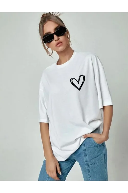 Kadın Tişört Bisiklet Yaka Baskılı Oversize T-Shirt - Beyaz