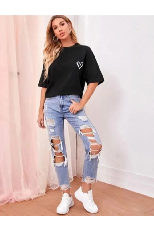 Kadın Tişört Bisiklet Yaka Baskılı Oversize T-Shirt - Siyah