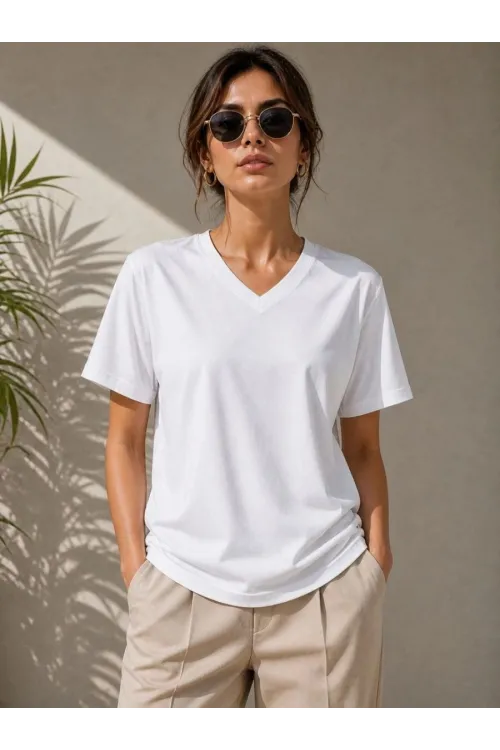 Kadın V Yaka Basic Tişört Kısa Kol Yazlık Regular Fit T-Shirt - Beyaz