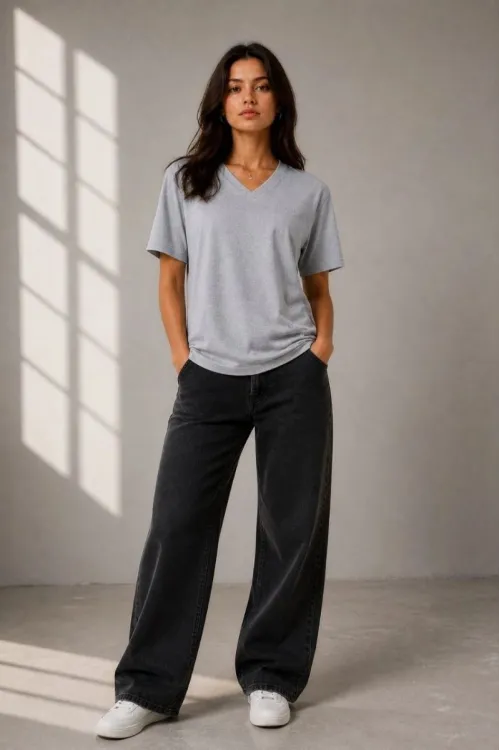 Kadın V Yaka Basic Tişört Kısa Kol Yazlık Regular Fit T-Shirt - Gri