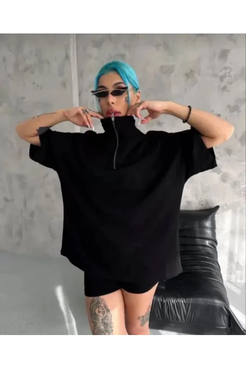 Kadın Yarım Fermuarlı Tişört Düz Oversize T-Shirt - Siyah