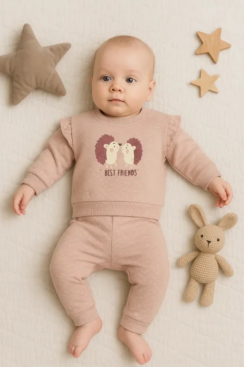 iegiyim™ Kirpi Nakışlı % 100 Pamuk 2li Kız Bebek Takım
