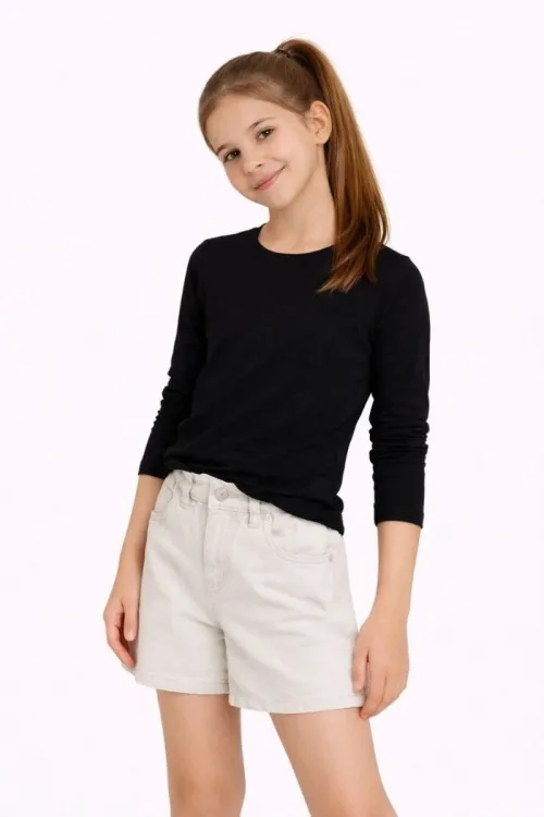 Kız Çocuk Basic Uzun Kollu Tişört Okul Günlük Rahat T-Shirt - Siyah