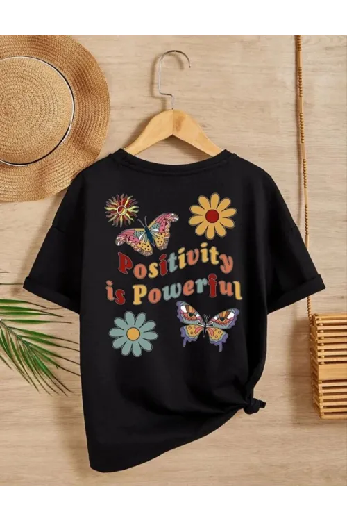 Kız Çocuk Bisiklet Yaka Baskılı T-Shirt - Siyah