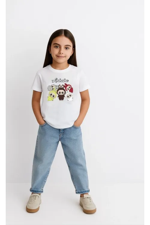 Kız Labubu Çocuk Baskılı T-Shirt - Beyaz