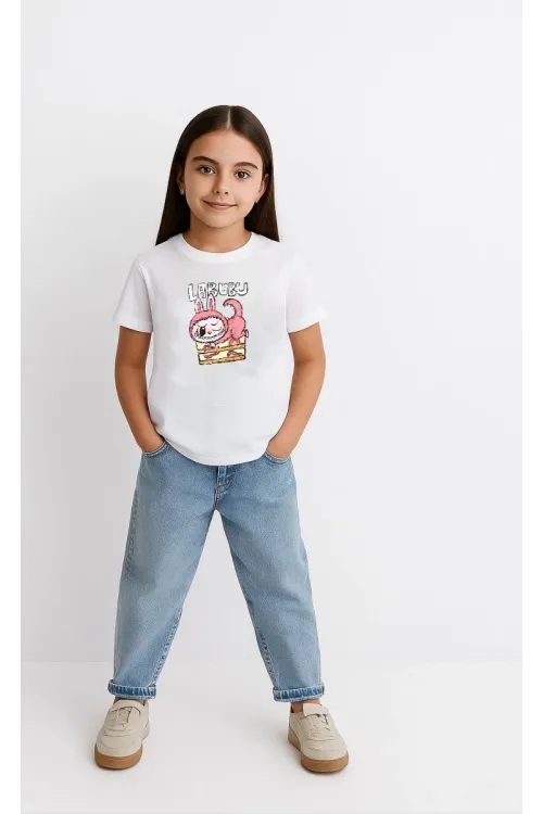 Kız Labubu Çocuk Baskılı T-Shirt - Beyaz