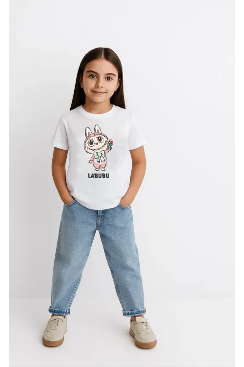 Kız Labubu Çocuk Baskılı T-Shirt - Beyaz