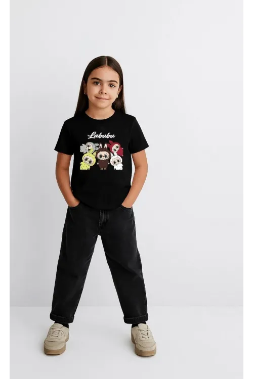 Kız Labubu Çocuk Baskılı T-Shirt - Siyah