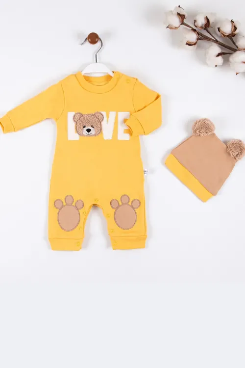iegiyim™ Love Bear Nakışlı % 100 Pamuk Erkek Bebek Tulumu