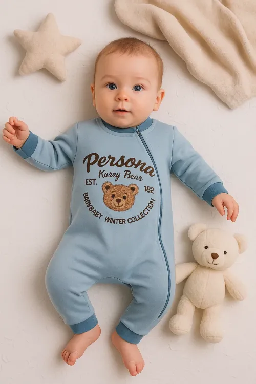 iegiyim™ Persona Bear Nakışlı % 100 Pamuk Erkek Bebek Tulum