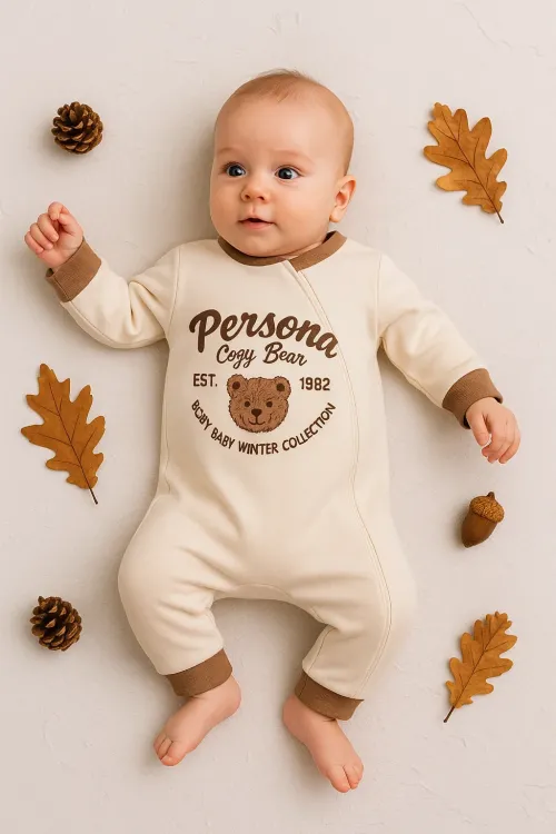 iegiyim™ Persona Bear Nakışlı % 100 Pamuk Erkek Bebek Tulum