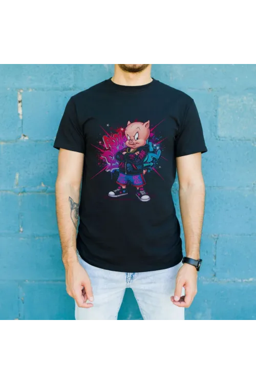 Porky Pig Graffiti Baskılı Unisex Siyah Oversize Tişört - 24/1 Penye