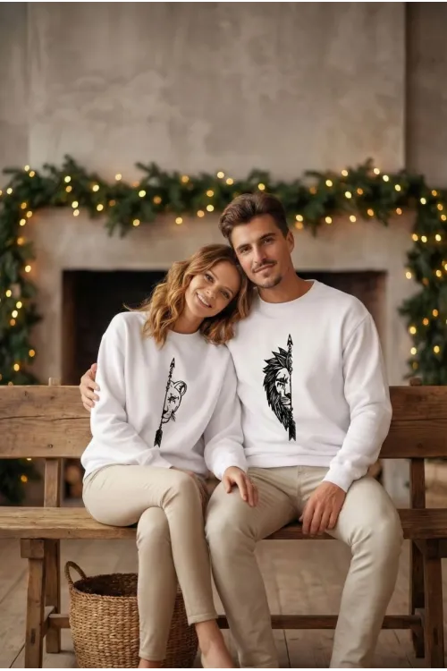 Sevgililer Günü Özel Bisiklet Yaka Aslan Baskılı Oversize Sweatshirt - Beyaz