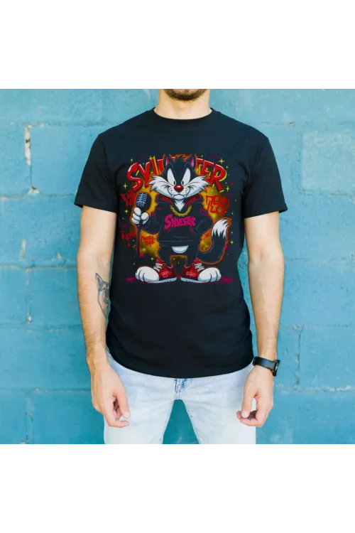 Sylvester Graffiti Baskılı Unisex Siyah Oversize Tişört - 24/1 Penye