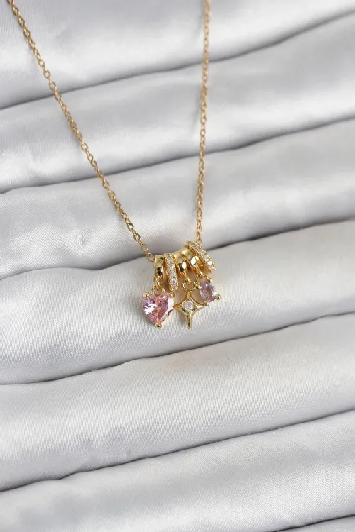 ietaks™ 316L Çelik Gold Pembe Zirkon Taşlı Charmlı Kadın Kolye