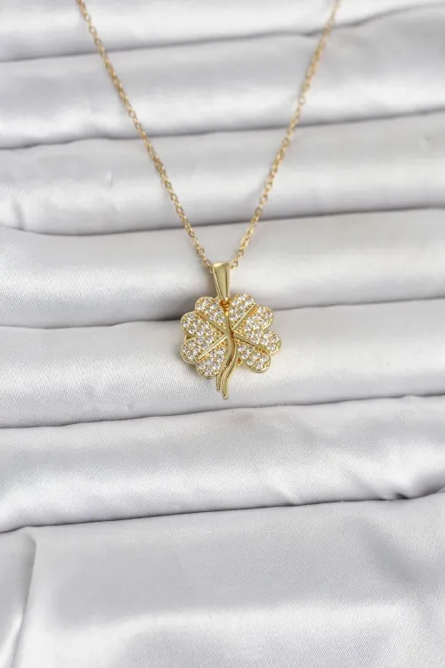 ietaks™ 316L Çelik Gold Renk Açılabilir Yonca Model Zirkon Taşlı Kadın Kolye