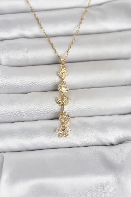 ietaks™ 316L Çelik Gold Renk Şans Kolyesi Y Model Zirkon Taşlı Kadın Kolye