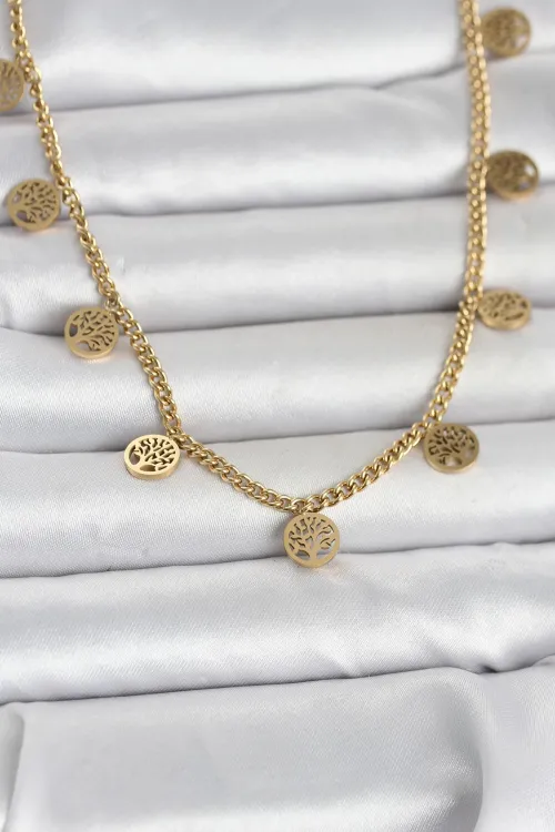 ietaks™ 316L Çelik Gold Renk Yaşam Ağacı Model Kadın Kolye