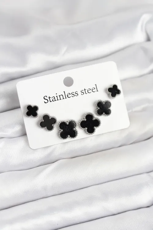 ietaks™ 316L Çelik Gümüş Siyah Renk 3 Boy Yonca Küpe Seti