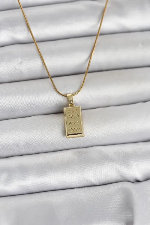 ietaks™ 316L Çelik Zincir Gold Renk Külçe Altın Model Kadın Kolye