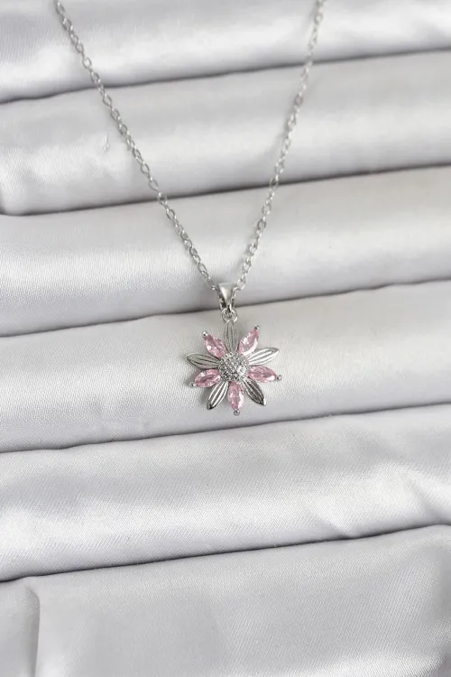 ietaks™ 316L Çelik Zincir Gümüş Renk Pembe Papatya Model Kadın Kolye