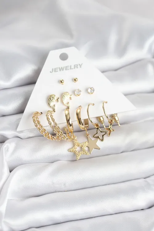 ietaks™ Gold Renk Yıldızlı Set 6 Çift Kadın Küpe Seti
